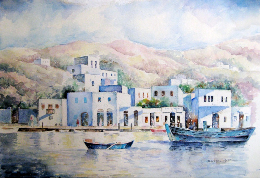 Boats and Houses on the Waterfront Watercolor