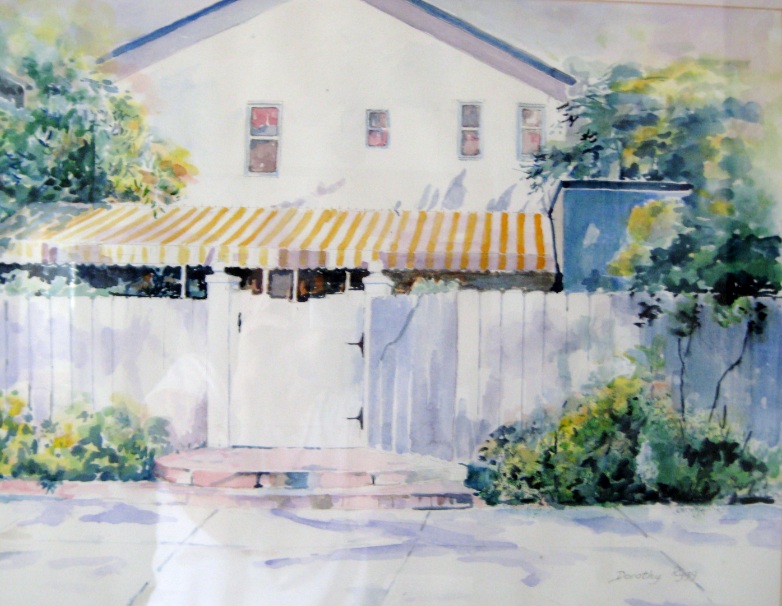 House with Yellow Striped Awning Watercolor Painting
