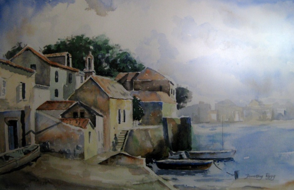 Village on Water Watercolor Painting